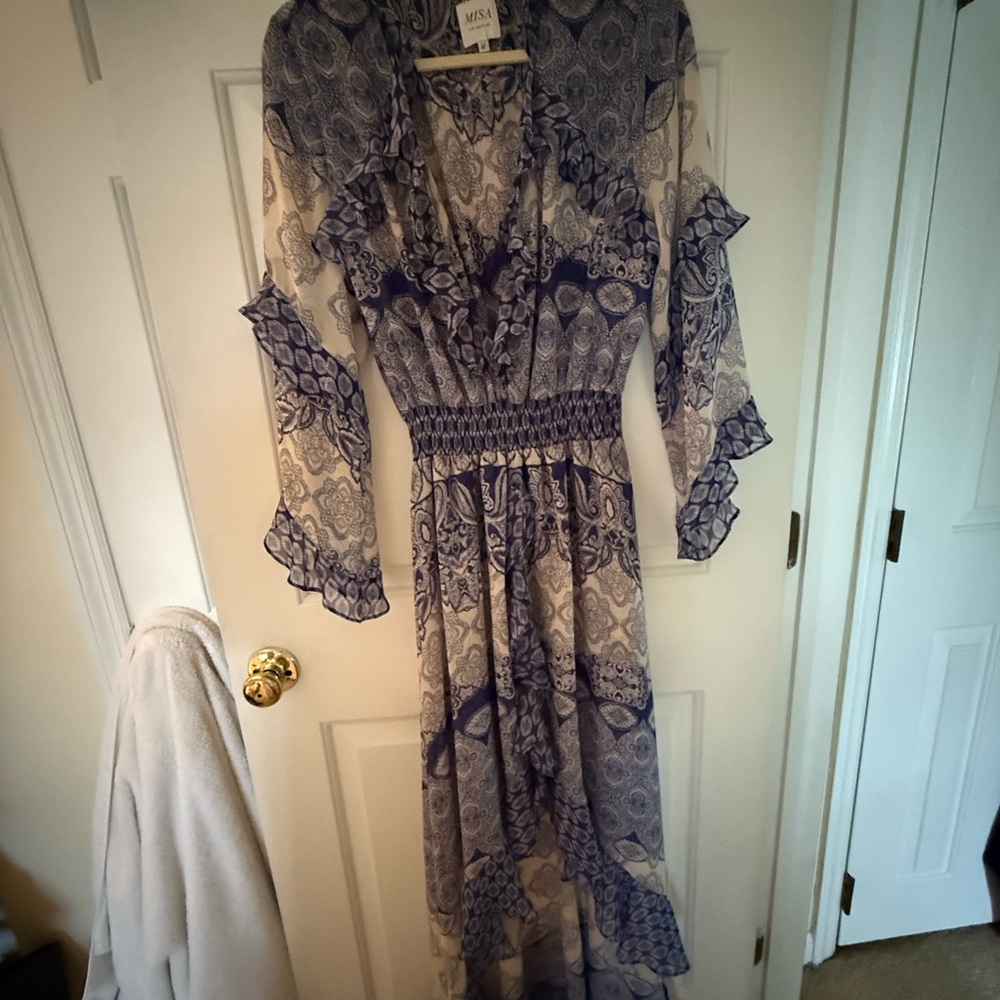 MISA Los Angeles Navy and Beige Paisley Dress